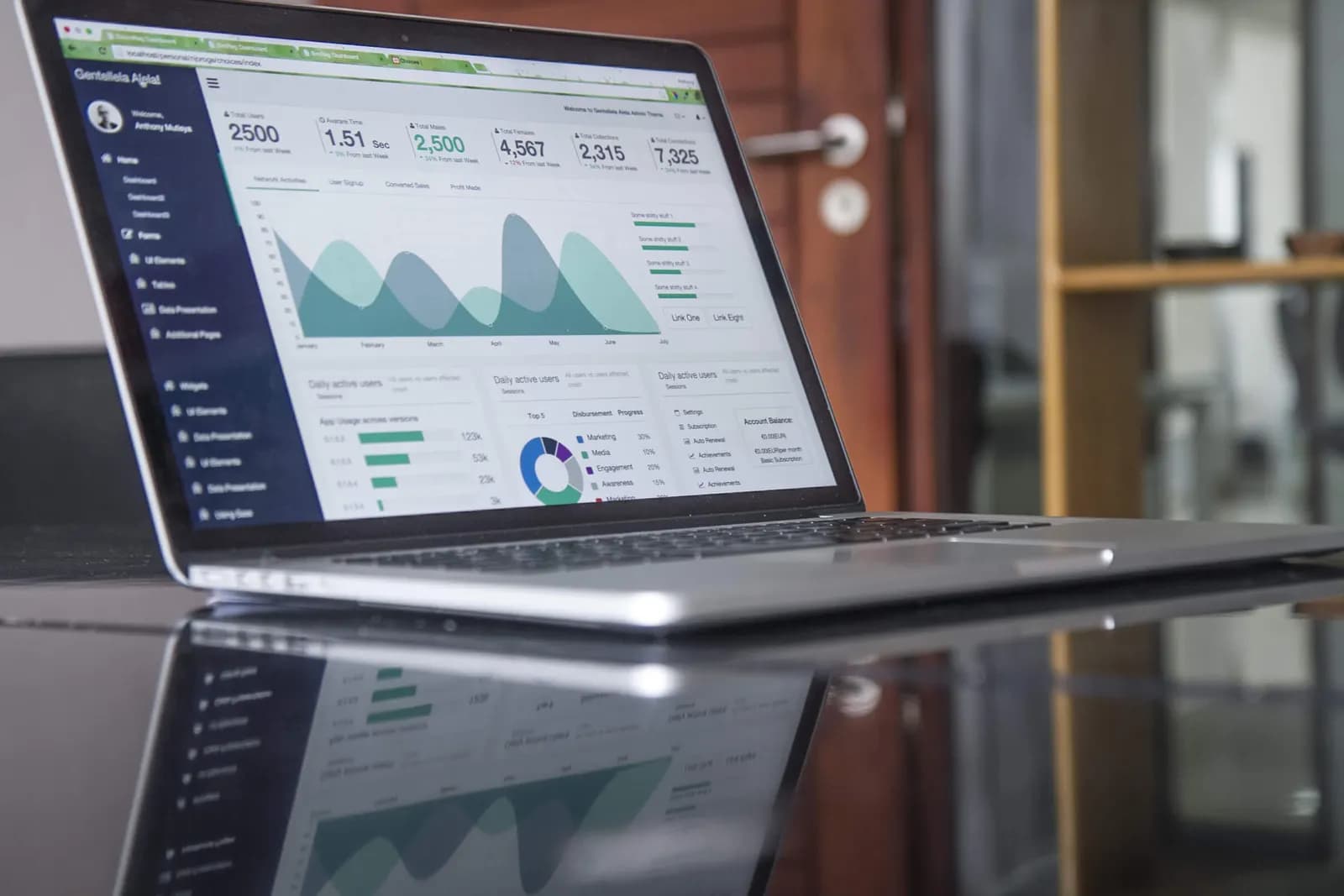 A laptop on a glass desk showing an analytics dashboard with charts and visitor figures