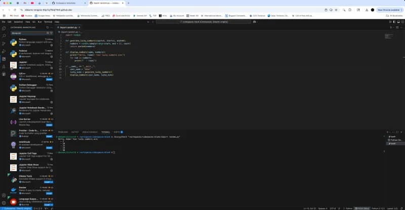 GitHub Codespaces in a browser with the extensions marketplace, a Python file in the editor and terminal output