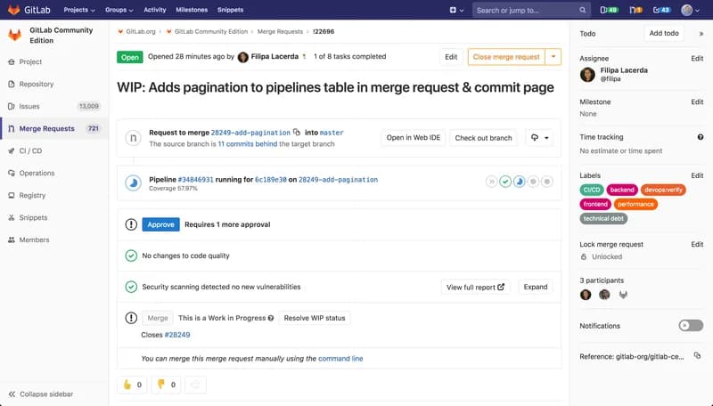 GitLab merge request page with pipeline status, approval requirement, security scan result and labels