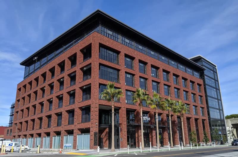 Exterior of the building housing Stripe's headquarters office in San Francisco, photographed in 2019