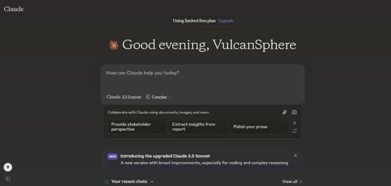 The Claude web app home screen in dark mode with a greeting, prompt box and suggested tasks
