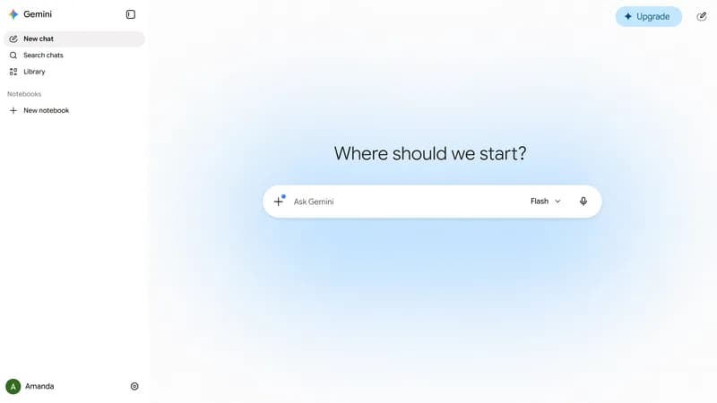 The Gemini web app home screen with a left sidebar, a Where should we start prompt and input box