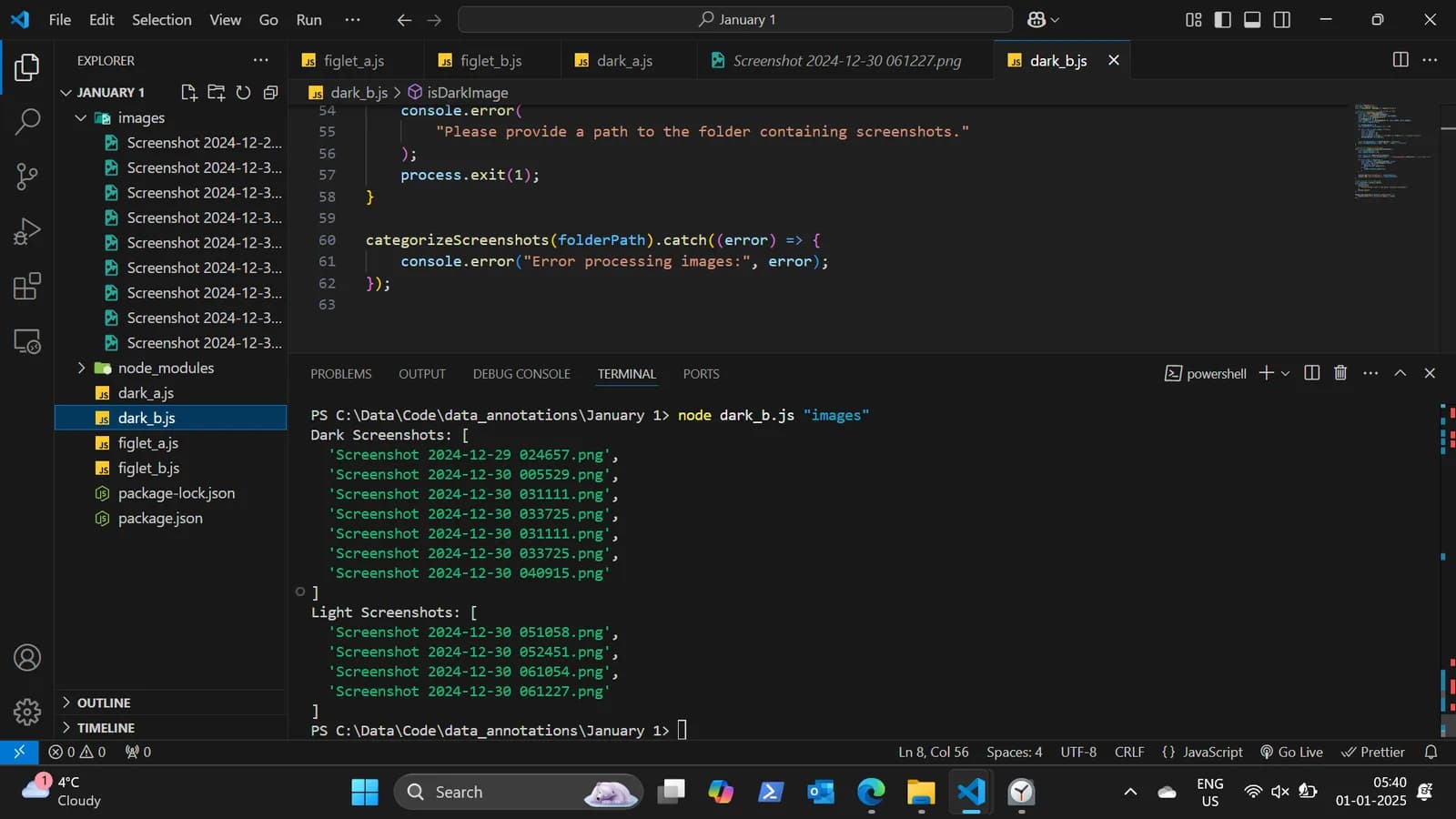 Code editor window with a file tree, an open source file and terminal output below it