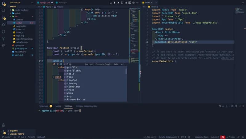 Visual Studio Code editor on Ubuntu showing the source files of a React JavaScript application