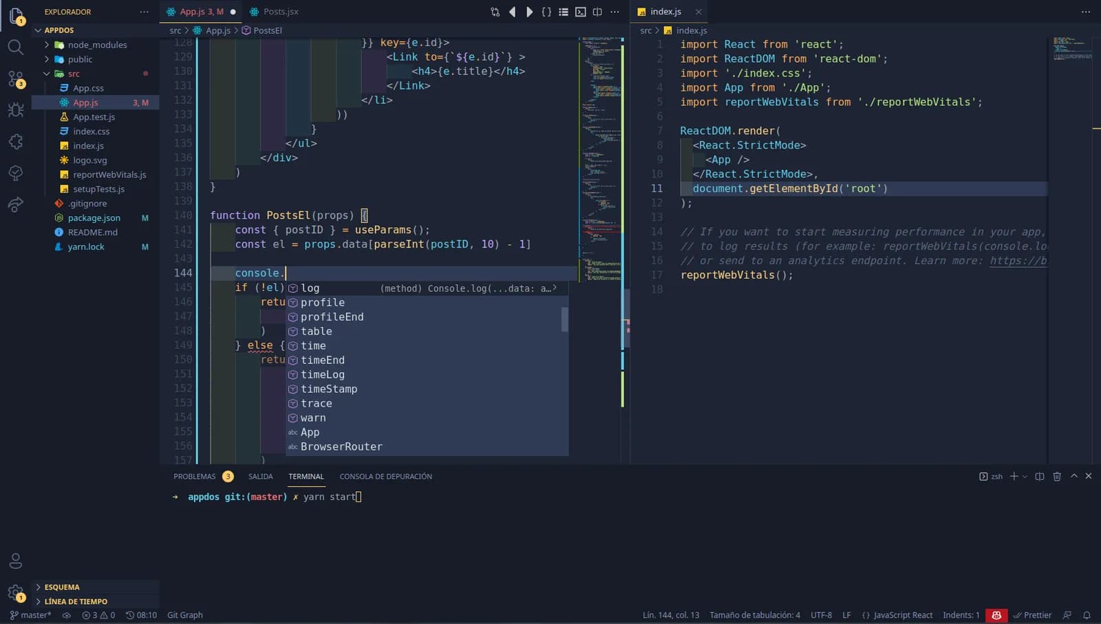 Visual Studio Code editor on Ubuntu showing the source files of a React JavaScript application