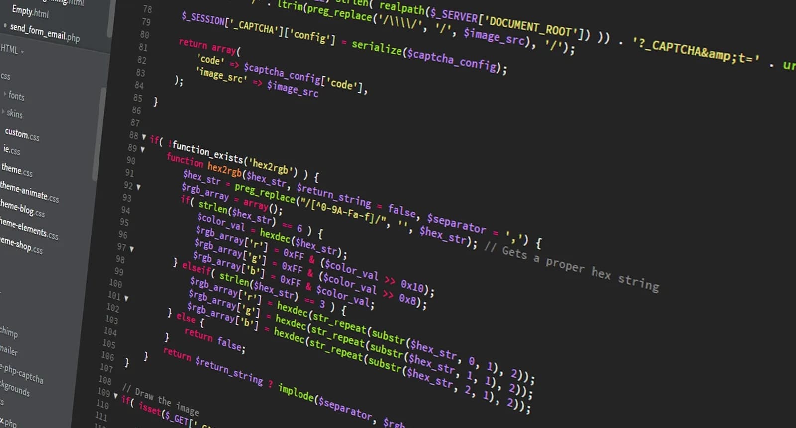 PHP source code displayed in a dark-themed code editor on a computer screen