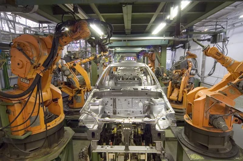 Orange industrial robot arms working on a bare car body shell on a factory assembly line