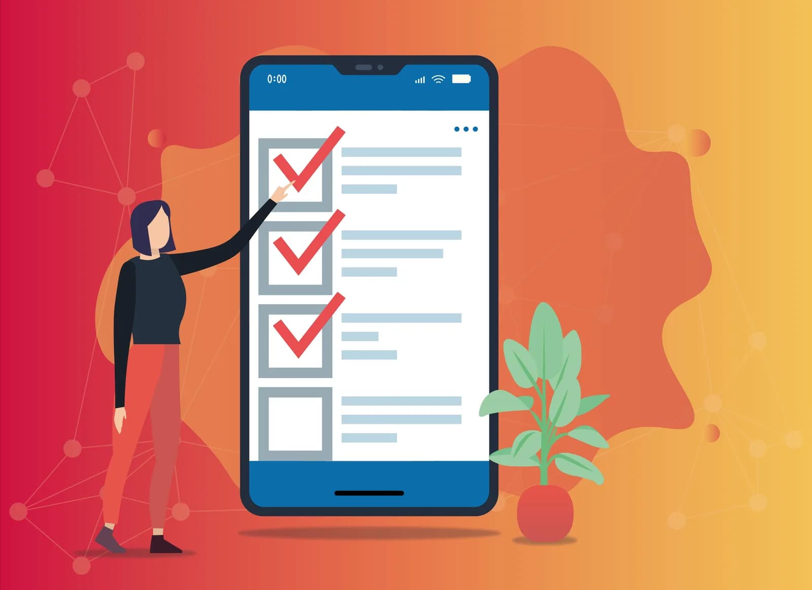 Illustration of a woman ticking checkboxes on a large smartphone form, with a potted plant beside it on an orange background