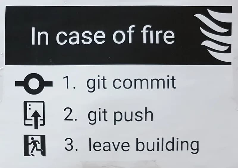 Office sign styled like a fire notice reading: In case of fire, 1. git commit, 2. git push, 3. leave building