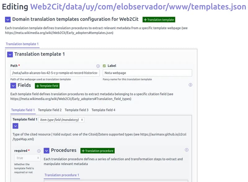 Form-based editor for a templates.json configuration file, with fields for path, label and required template fields