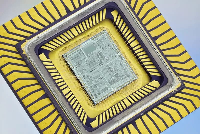 Close-up of an exposed Intel 80186 processor die with gold bond wires in a ceramic chip carrier
