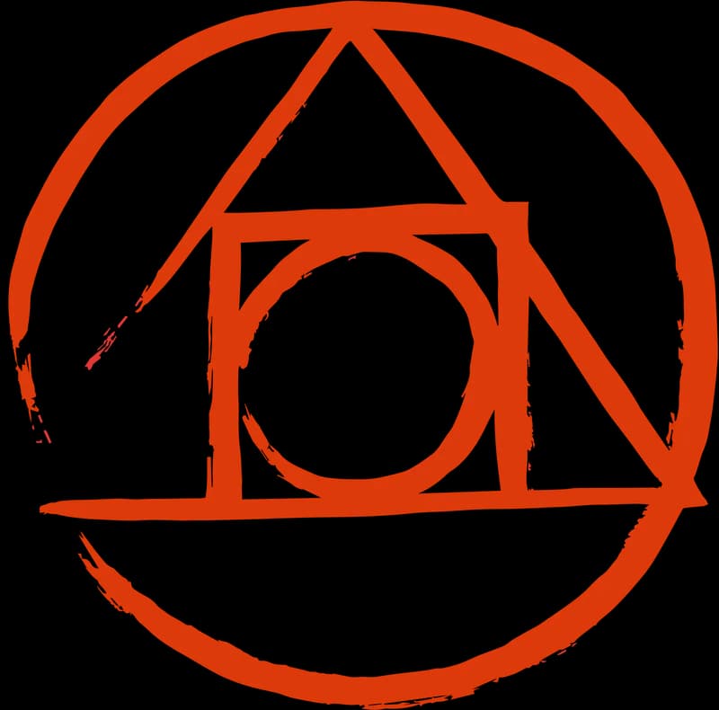 PostCSS logo, a hand-drawn orange-red circle enclosing a triangle, a square and a smaller circle