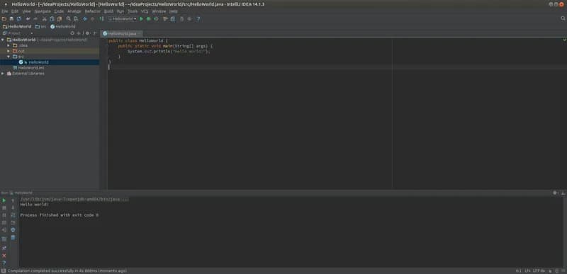 Dark-themed IntelliJ IDEA window with a project tree, a HelloWorld.java file in the editor and a Run panel printing Hello world