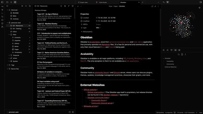 Obsidian desktop app in a dark theme with a file sidebar, a list of notes, an open note about Obsidian and a small graph view