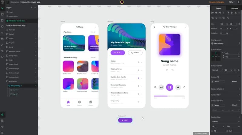 Penpot editor with a layers panel, three mobile music app screens on the canvas and a design properties panel