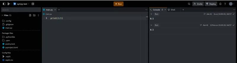 The Replit workspace in dark mode with a file tree, a main.py editor tab containing print(1/2) and a console showing the output 0.5