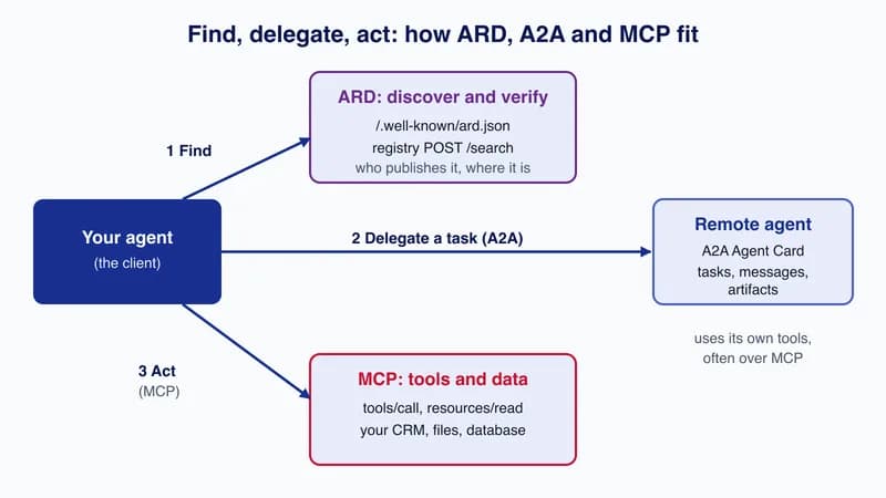 Diagram: your agent finds a capability through an ARD catalogue, delegates a task to a remote agent over A2A, and acts on its own systems through MCP
