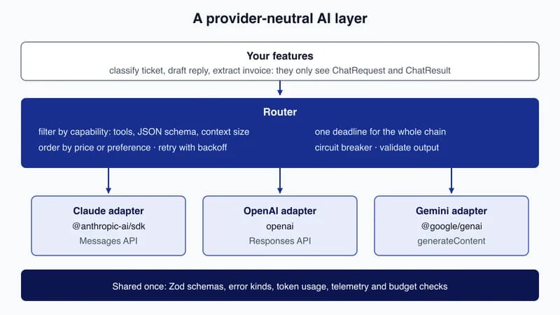 Architecture diagram: application features call a router that filters, orders, retries and validates, then calls Claude, OpenAI and Gemini adapters built on the official SDKs