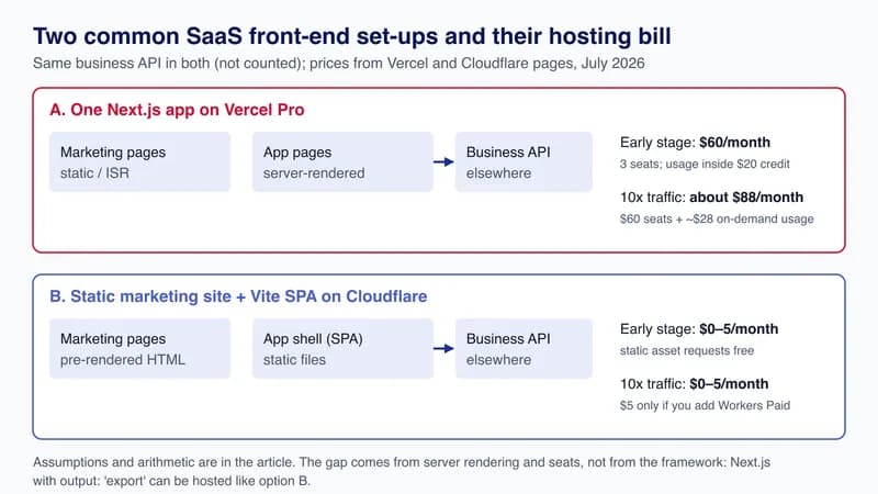 Diagram of two SaaS front-end set-ups: one Next.js app on Vercel Pro, and a static marketing site plus Vite SPA on Cloudflare, with monthly hosting costs.