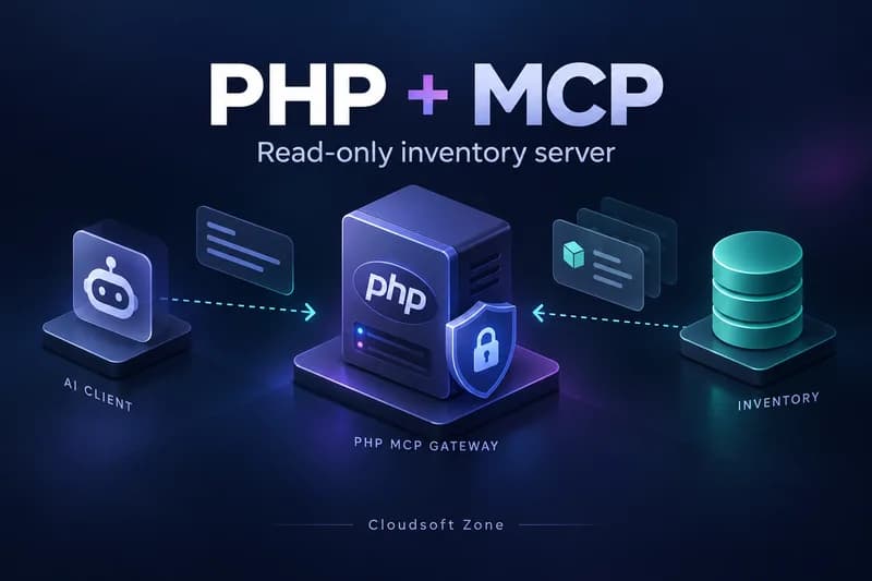 Illustration of an AI client communicating through a protected PHP MCP gateway with an inventory database.