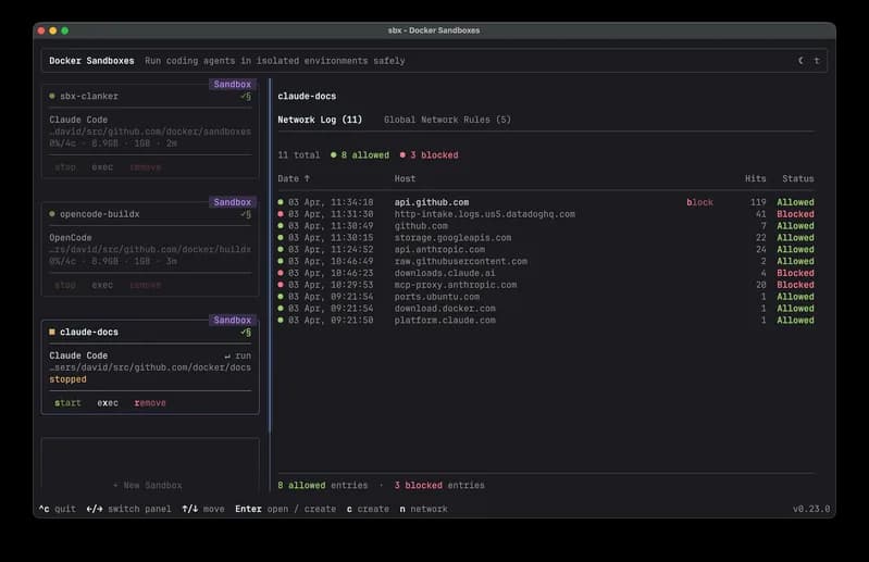 Official Docker Sandboxes dashboard showing sandbox management controls and sandbox names.