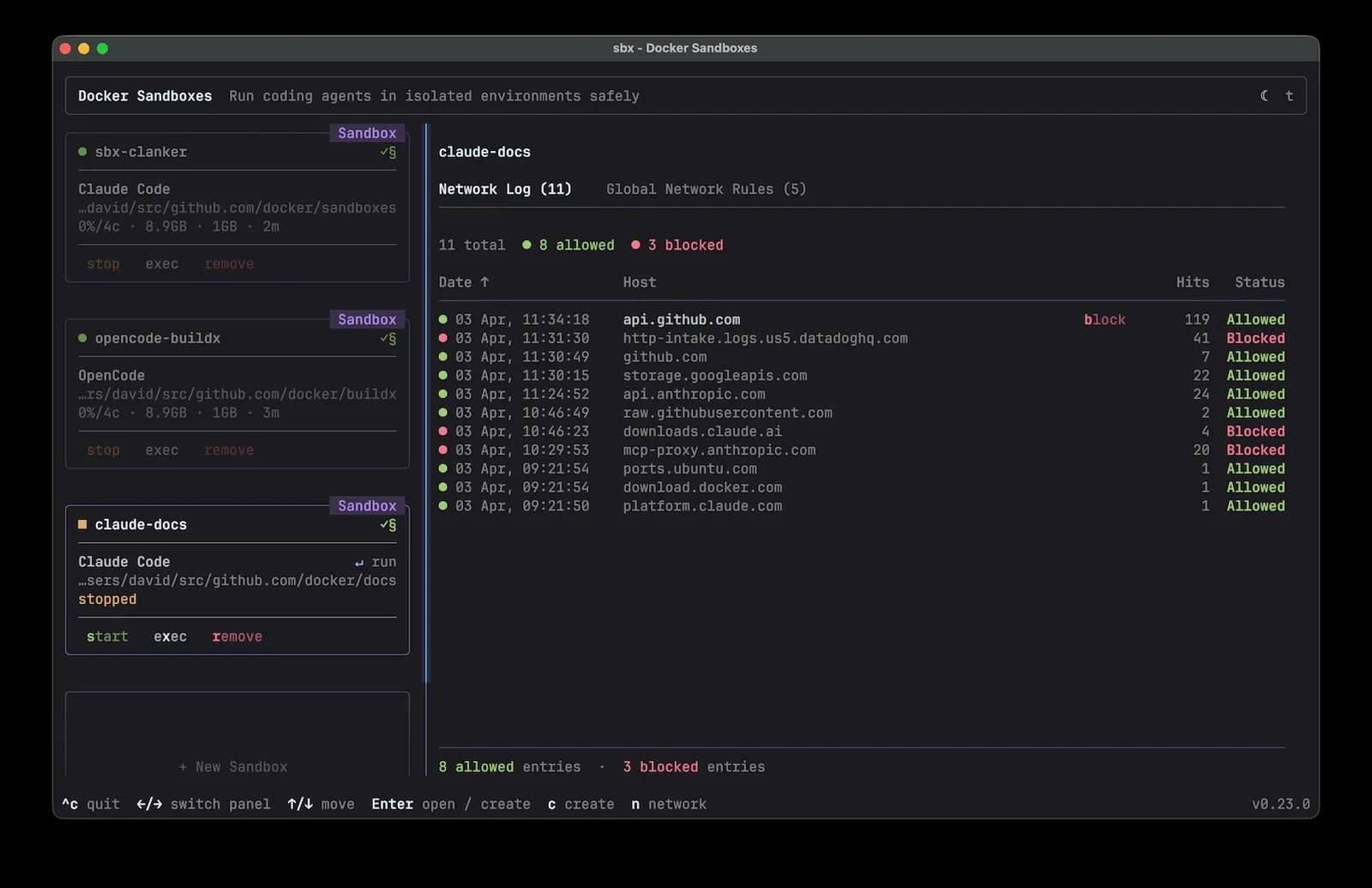 Official Docker Sandboxes dashboard showing sandbox management controls and sandbox names.