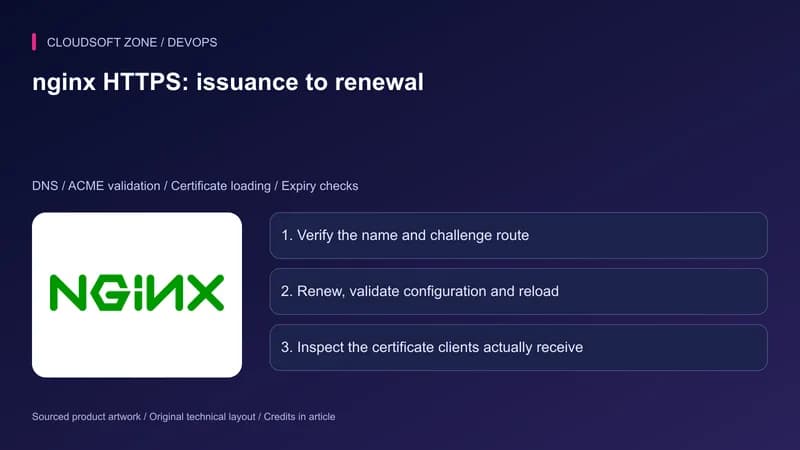 nginx product artwork with the HTTPS certificate workflow: domain validation, renewal and inspection of the served certificate.