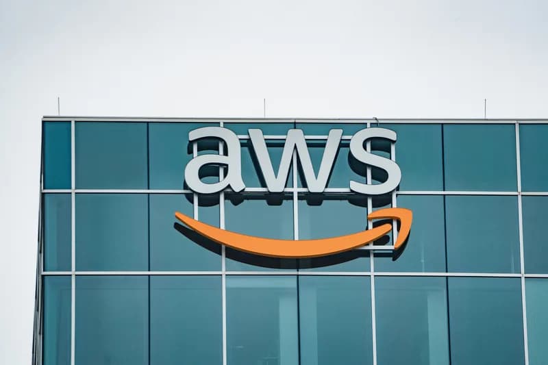 Amazon Web Services sign on an office building in Houston, Texas.