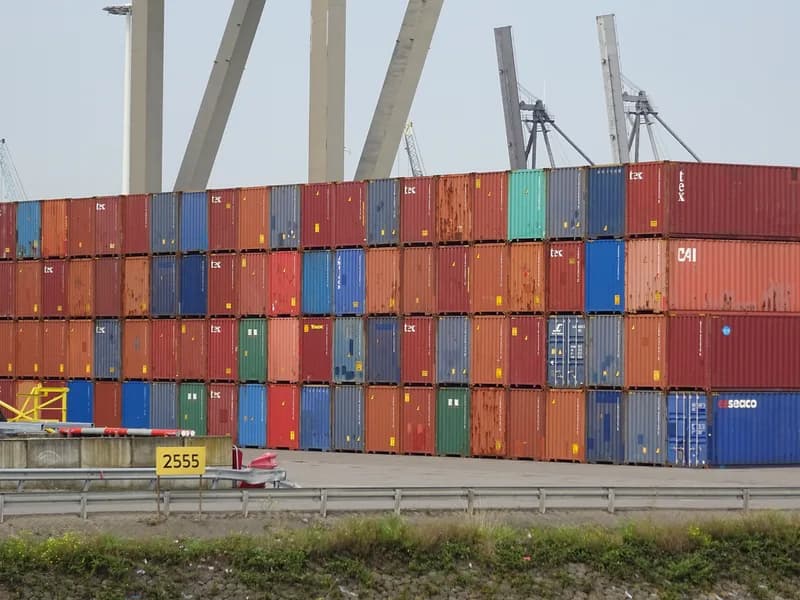 Stacks of shipping containers at the Port of Rotterdam.