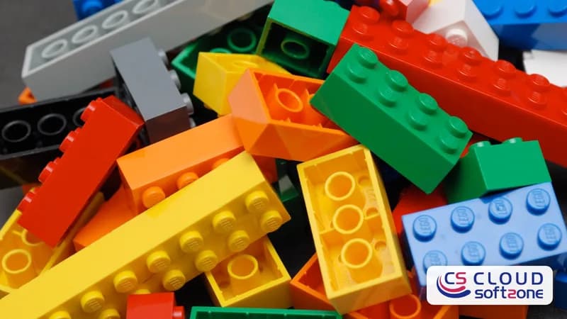 A pile of colourful interlocking LEGO bricks, with the Cloudsoft Zone logo in the corner
