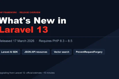 Title card reading What's New in Laravel 13, released 17 March 2026, requires PHP 8.3 to 8.5, with labels for the Laravel AI SDK, JSON:API resources, vector search and PreventRequestForgery